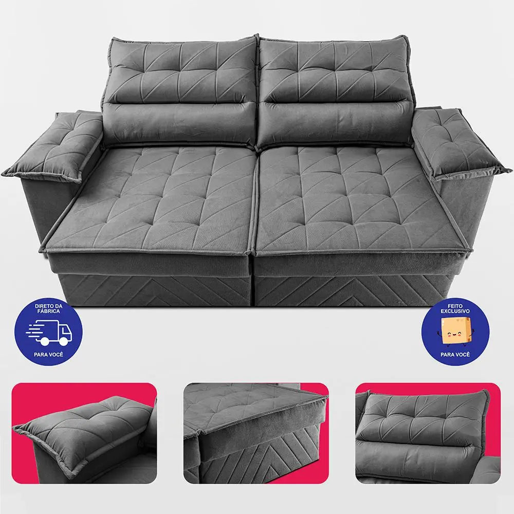 Sofá Retrátil 2,10m Molas E Espuma D33 Thunder Cor Cinza. Cama Inbox - Image 5