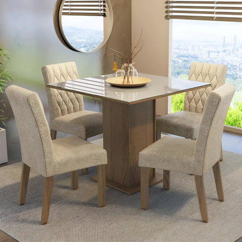 Sala Jantar Estofada Mesa Tampo Vidro 4 Cadeiras Madesa Anaju Rci Cor Rustic/Crema/Imperial MDJA0401387GSIM