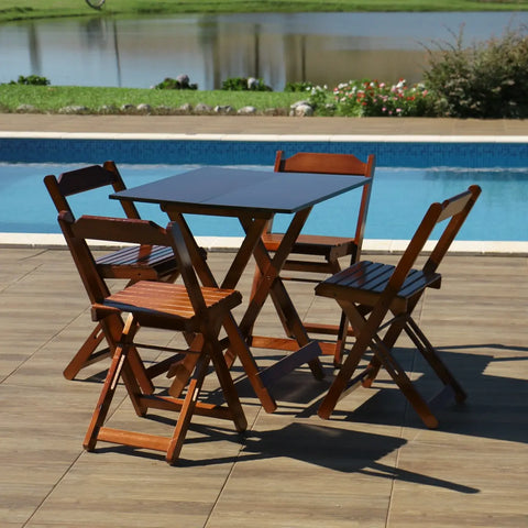Jogos De Mesa De Bar 70x70 + 4 Cadeiras Dobrável Em Madeira Cor Imbuia