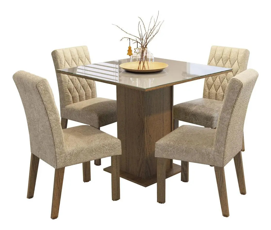 Sala Jantar Estofada Mesa Tampo Vidro 4 Cadeiras Madesa Anaju Rci Cor Rustic/Crema/Imperial MDJA0401387GSIM - Image 2