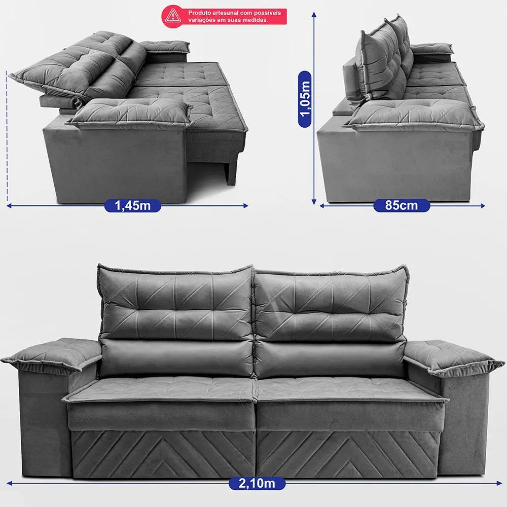 Sofá Retrátil 2,10m Molas E Espuma D33 Thunder Cor Cinza. Cama Inbox - Image 3