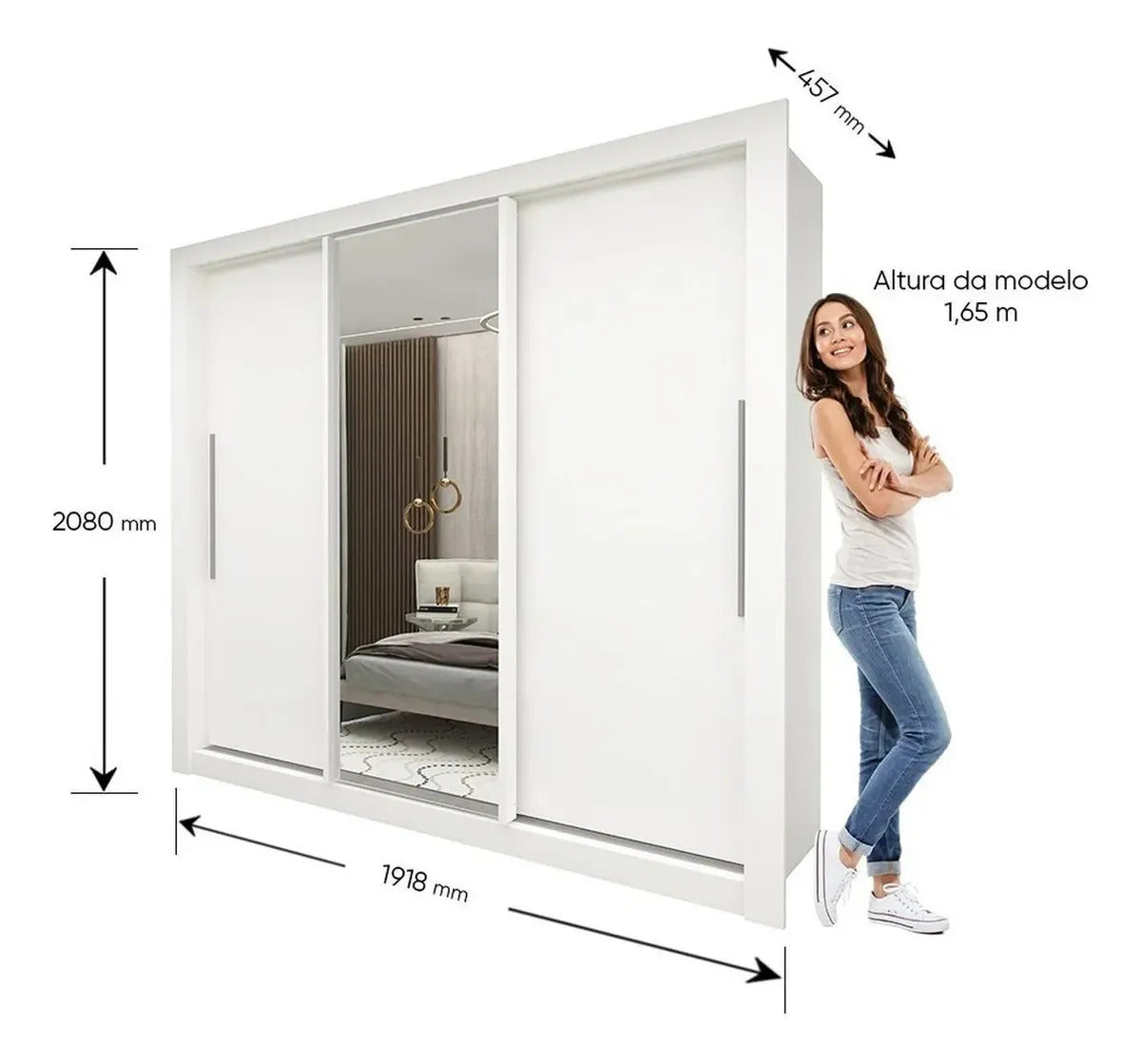 Guarda-roupa Casal Branco 3 Portas Corrediça Espelhada Milão MDF Yescasa - Image 5