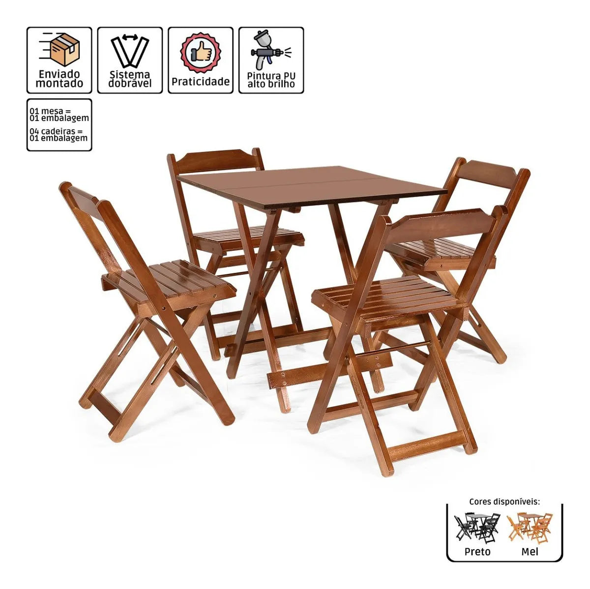 Jogos De Mesa De Bar 70x70 + 4 Cadeiras Dobrável Em Madeira Cor Imbuia - Image 2