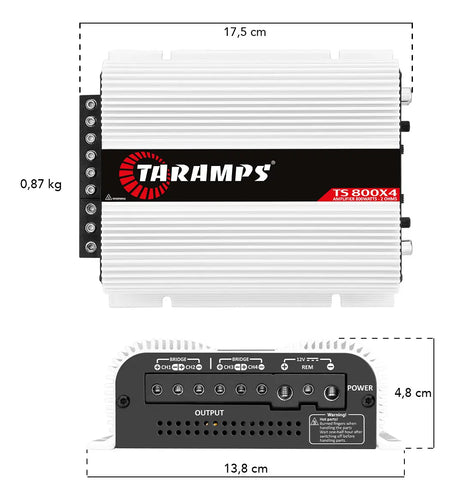 Imagem 6 de 9 de Modulo Taramps Ts800x4 2 Ohms 800W Potencia Rms Amplificador Som Automotivo Entrada Rca E Fio Crossover LPF FULL HPF Subwoofer Kit Duas Vias Drivers T800 4 Canais Carro Camionete Conexao Bridge Branco
